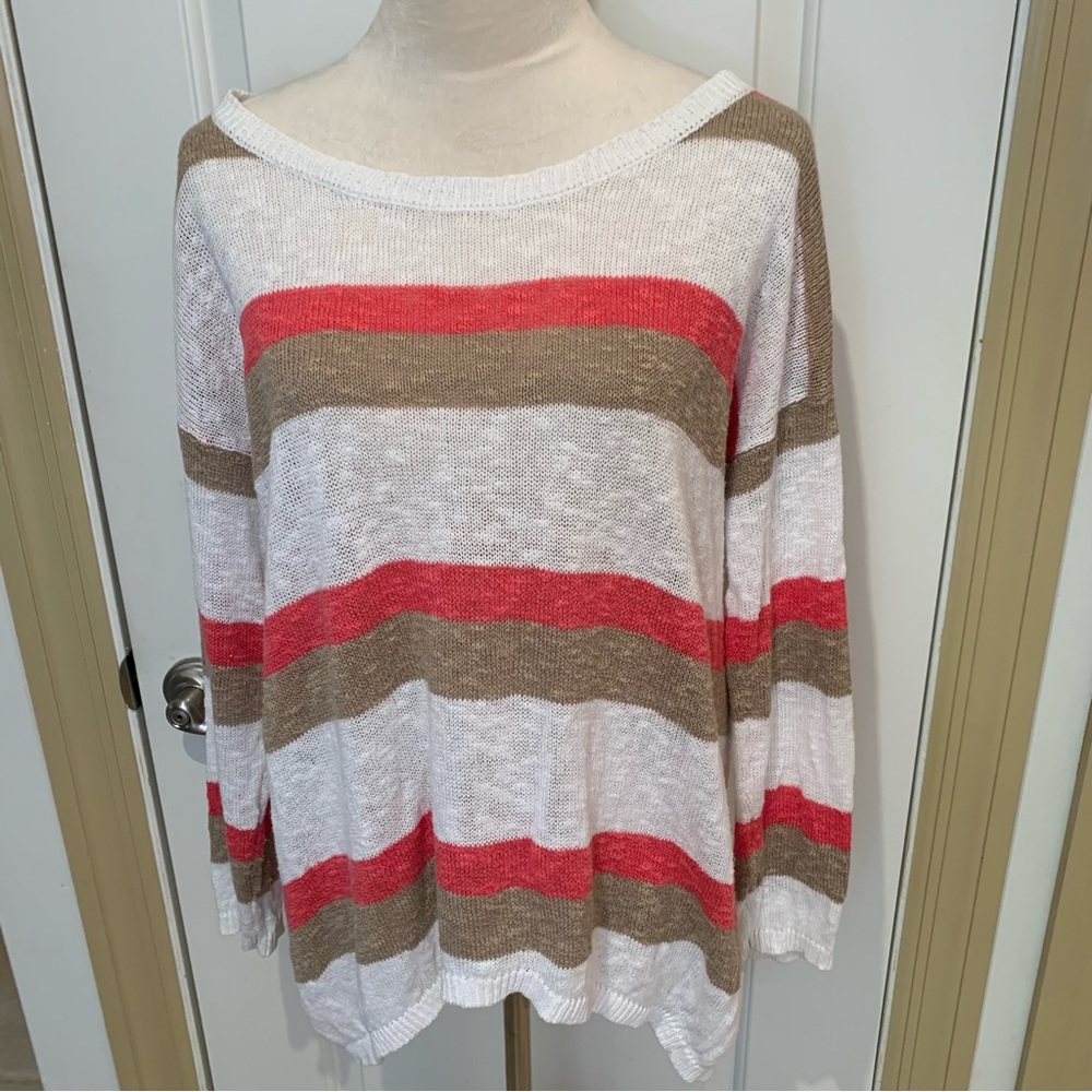 SOGI. White/Pink/Tan Sweater top. Long sleeves. Size X1. Cotton/Linen bl…